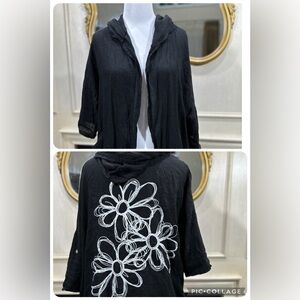 Gigi Moda Italy Linen Hooded Jacket Black Drawstring Hem Floral Back OS‎